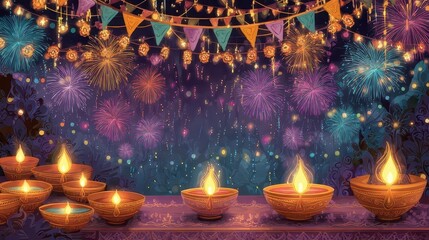 Diwali oil lamps and fireworks illuminating the night sky