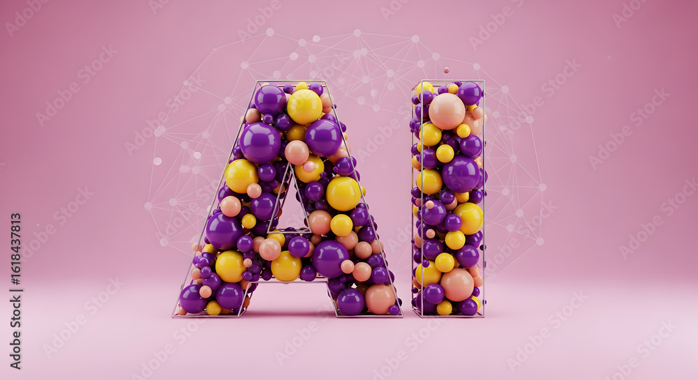 Poster ai letters constructed from pink purple and yellow spheres on light pink backdrop with translucent n