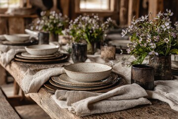 Rustic table setting with speckled ceramic tableware and wildflowers in a wooden house