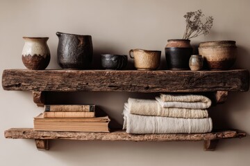Rustic wooden shelves holding pottery, books and folded towels, creating cozy atmosphere