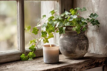 Burning candle and ivy plant creating cozy atmosphere on window sill