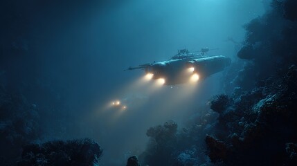 In this deep-sea exploration scene, a high-tech submarine emits a bright searchlight, illuminating a mysterious ancient shipwreck covered in vibrant coral.