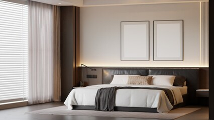 Fototapeta premium Modern Minimalist Bedroom Interior Poster Frame Mockup 