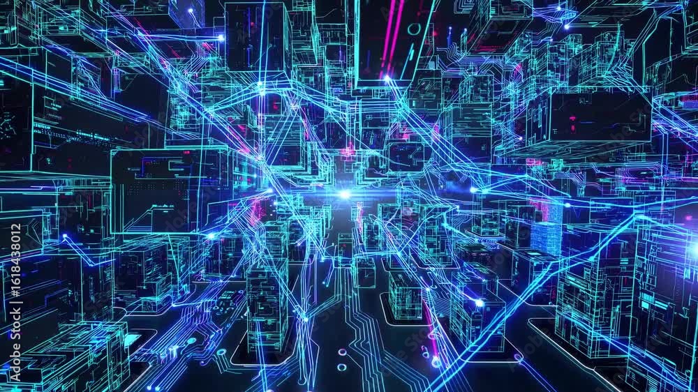 Poster abstract digital space with data flow lines and glowing neural connections in blue tones - futuristi