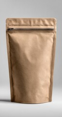 Kraft-colored stand-up pouch with a resealable zipper, isolated on a neutral background, showing subtle wrinkles and a matte finish