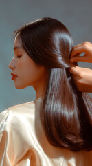 Professional hairstylist working on long straight shiny hair of woman in studio setting, beauty salon concept for hair care, styling process, cosmetic treatment, wellness, and fashion grooming visuals
