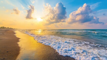 Golden sunrise over tranquil beach