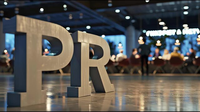 Sleek Wall Display of PR Letters with Business Professionals Networking in Background