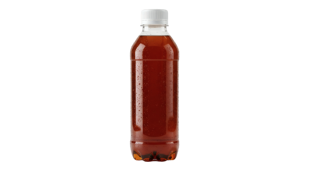 Plastic bottle of a dark beverage.