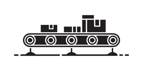 Industrial Conveyor Belt System Silhouette Icon with Boxes for Logistics