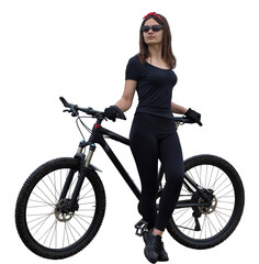 Girl on a mountain bike on offroad, beautiful portrait of a cyclist at sunset, Fitness girl rides a...
