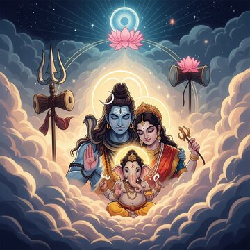 Stylized Shiva, Parvati, and Ganesha with Cosmic Glow &ndash; Ganesh Ji Family Wallpaper HD, Mythological Poster Art