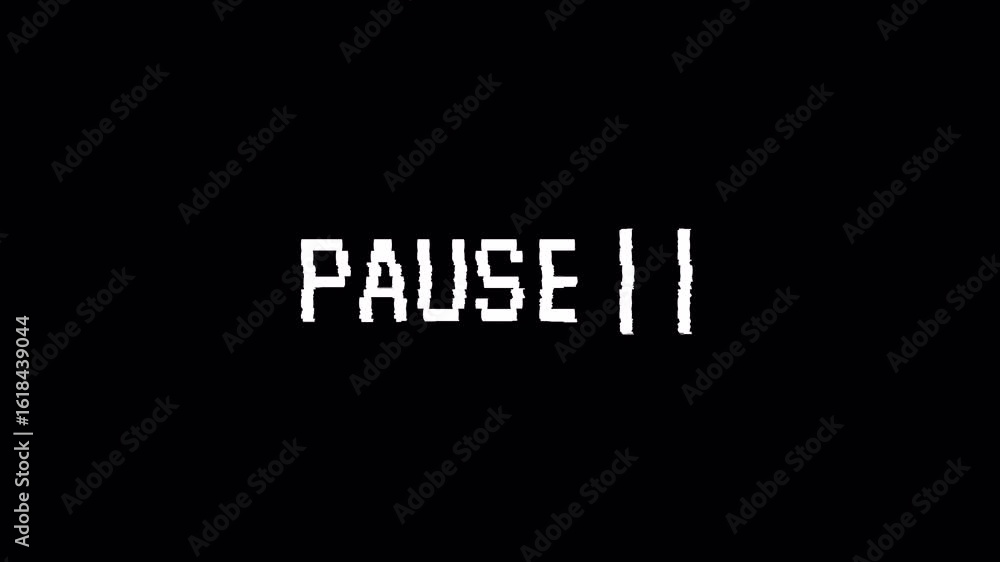 Poster capture of a vcr playing and pausing a blank vhs tape: large pause text appears with a flashing symb