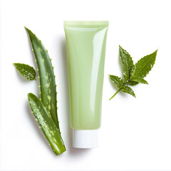 herbal facewash with aloe vera leaves beside, tube design, isolated on white, top view.
