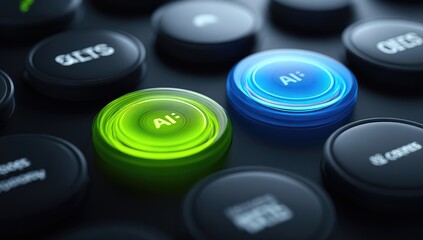Two glowing buttons, AI, technology