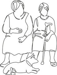 One continuous single drawing line art flat doodle grandmother, dog, pet, bench, sitting, old, female, park. Isolated image hand draw contour on a white background, hand drawn, not AI