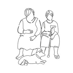 One continuous single drawing line art flat doodle grandmother, dog, pet, bench, sitting, old, female, park. Isolated image hand draw contour on a white background, hand drawn, not AI
