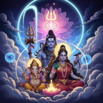 Stylized Shiva, Parvati, and Ganesha with Cosmic Glow &ndash; Ganesh Ji Family Wallpaper HD, Mythological Poster Art