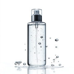 hydrating facewash bottle with water drops, clean minimal scene, isolated on white background.