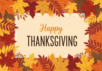 Happy thanksgiving greeting card with autumn leaves border