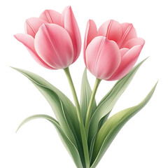 Fototapeta premium A beautiful bouquet of elegant pink tulips with lush green leaves, isolated on a white background. A symbol of spring and affection.