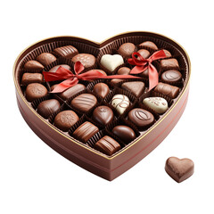 Heart-shaped chocolate box with assorted candies and red ribbon