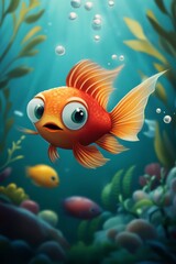 Fototapeta premium Adorable red cartoon fish swimming joyfully in a vibrant, colorful underwater kingdom full of life