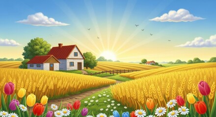 Fototapeta premium Idyllic countryside landscape featuring a charming farmhouse at sunrise in vibrant color palette