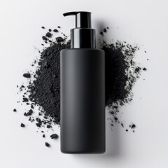 men's facewash bottle with charcoal powder scattered, bold packaging, white background.