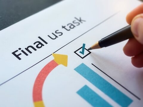 Checklist and task progress tracking concept. A hand placed the final checkmark on round wooden in progress bar, task completion, productivity, goal setting, efficient project management.