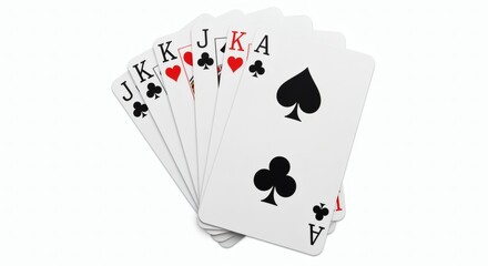 A fan of playing cards displaying a royal flush in spades and hearts, including Ace, King, Jack, and Queen.