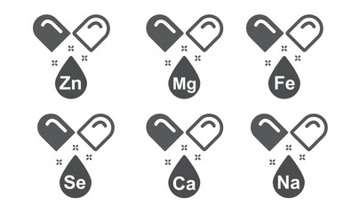 Ca, Zn, Mg, Se, Fe, Ca, vector. Set of Multi Vitamin und mineral, icons.