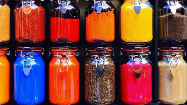 Colorful Spice Jars on Shelf. Ten glass jars filled with vibrant spices or powders, neatly arranged in rows on a dark shelf. Kitchen organization.