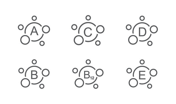 Vitamin B12, B, C, A, D, E, K,  vector. Set of Multi Vitamin, complex icons.
