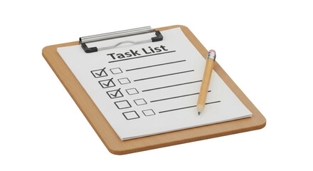 Wooden clipboard with a task list and pencil isolated on transparent background