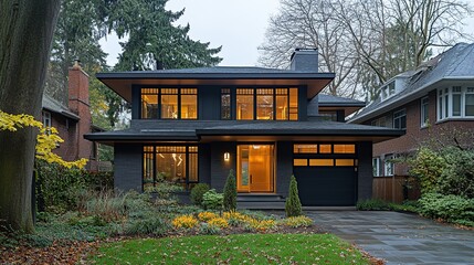 Modern two-story home with dark exterior, warm interior light, and landscaping