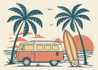 Retro Surfer Lifestyle Illustration with Vintage Beach Van, Palm Trees, Surfboards, and Ocean Scenery