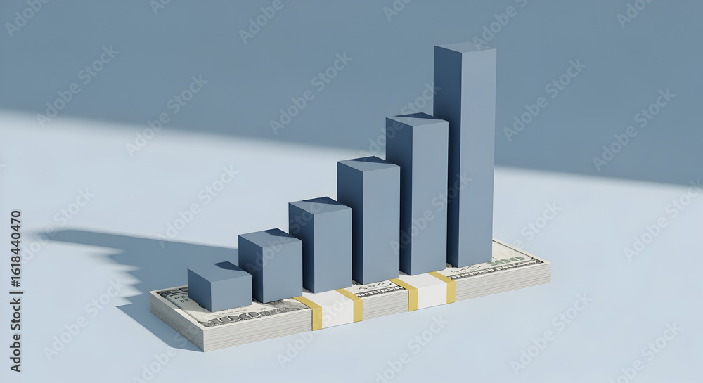 Poster ascending blue bar graph on textured platform 3d render in white background showing business data tr