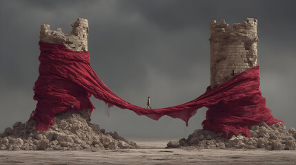 man walking a tightrope made of red tape between two crumbling stone towers