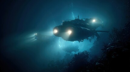 In this deep-sea exploration scene, a high-tech submarine emits a bright searchlight, illuminating a mysterious ancient shipwreck covered in vibrant coral.