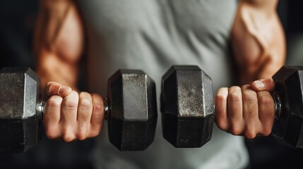 male athlete posing and lifting adjustable dumbbells, close up image, weight training and muscle building concept