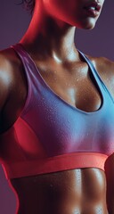 Close-up of fit woman's torso in sports bra with sweat drops after intense workout - modern fitness lifestyle concept. Perfect for fitness branding, sportswear advertising, health campaigns