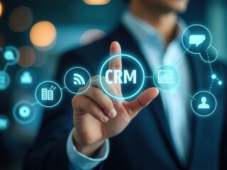 Obraz premium CRM System for Customer Relationship Management. A person interacts with CRM interface icons for support, analytics, marketing, and feedback, illustrating customer relationship man.