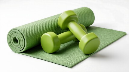 Green fitness dumbbells on fitness mat. Equipment for home and gym training, items isolated on white