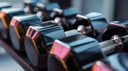 Close-up of gym dumbbells on rack for professional fitness and gym workouts, glossy highlights, perspective view