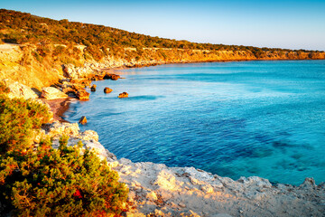 Blue Lagoon on the Akamas Peninsula at sunrise,  Neo Chorio, protected nature reserve on the...
