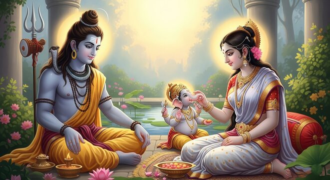 Fototapeta Parvati Ji Feeding Baby Ganesha – Shiva Watching in Lotus Garden   Devotional Family Scene HD Wallpaper