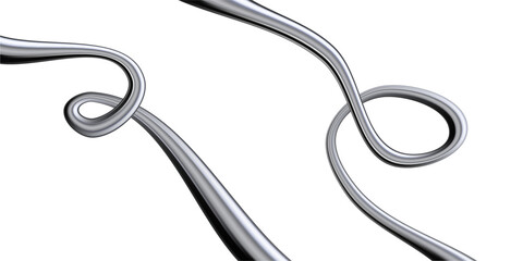 Metal 3D chrome lines featuring abstract liquid spirals and silver gradients. Y2K steel wave patterns for futuristic background designs. Glossy holographic ribbons or dynamic coils for modern art.