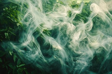Obraz premium Whimsical swirls of smoke dance among lush green foliage, creating an ethereal and mysterious scene.