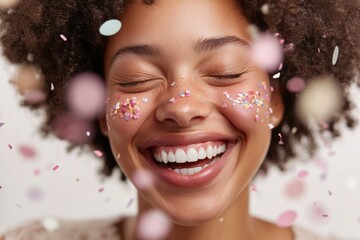 A joyful woman with colorful confetti on her face, eyes closed in happy laughter.